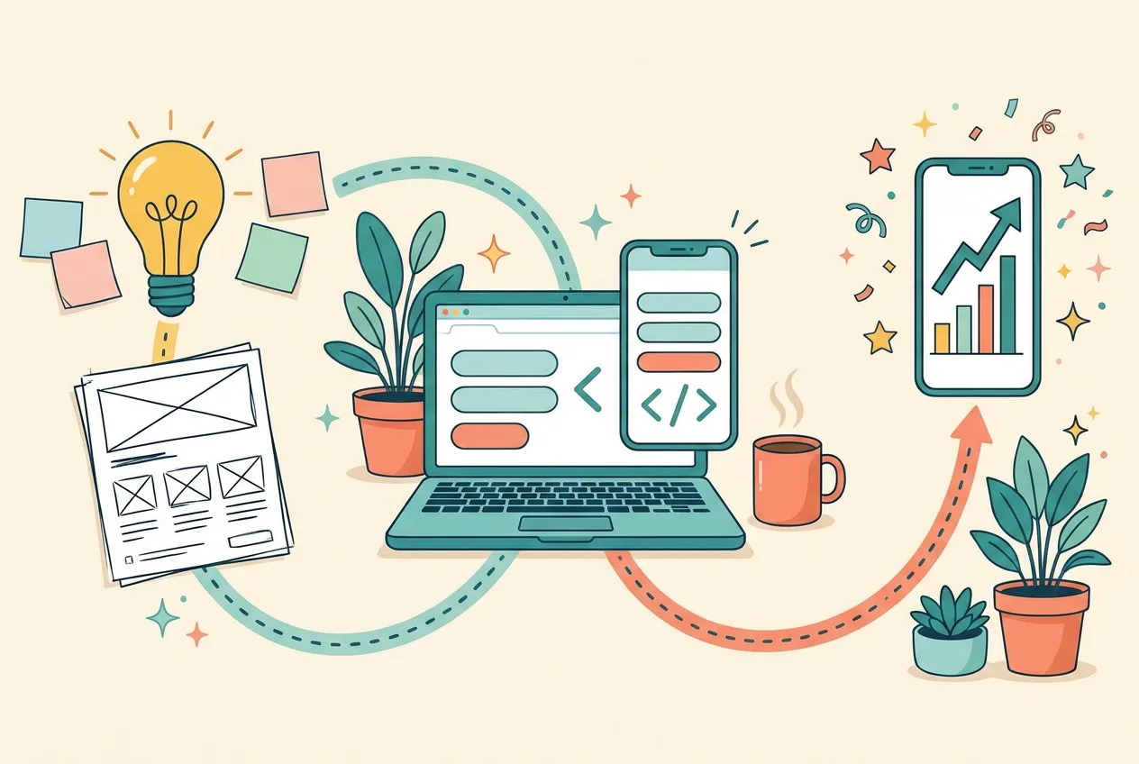 Illustration of an app's journey from idea sketch to work in progress to growth